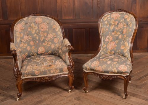 Victorian Walnut His & Her Parlour Chairs