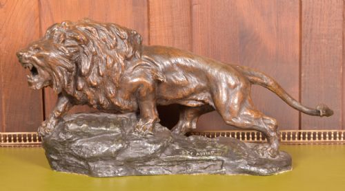 French Spelter Lion, T Cartier