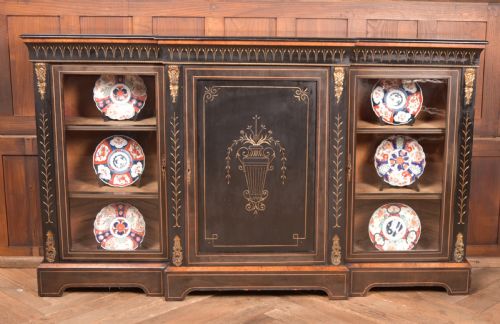 VICTORIAN EBONIZED BREAKFRONT CREDENZA DISPLAY CABINET