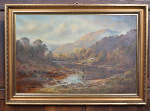 victorian js macdonald oil painting salmon fishing - CATEGORY: ANTIQUE ART - DATED VICTORIAN