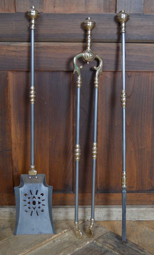 SET OF EDWARDIAN BRASS STEEL FIRE IRONS - ADDITIONAL PHOTO 1