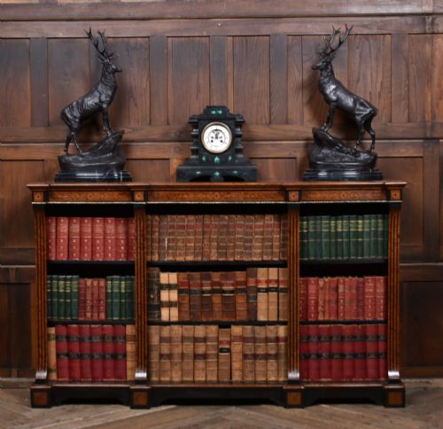 VICTORIAN AMBOYNA EBONIZED OPEN BOOKCASE