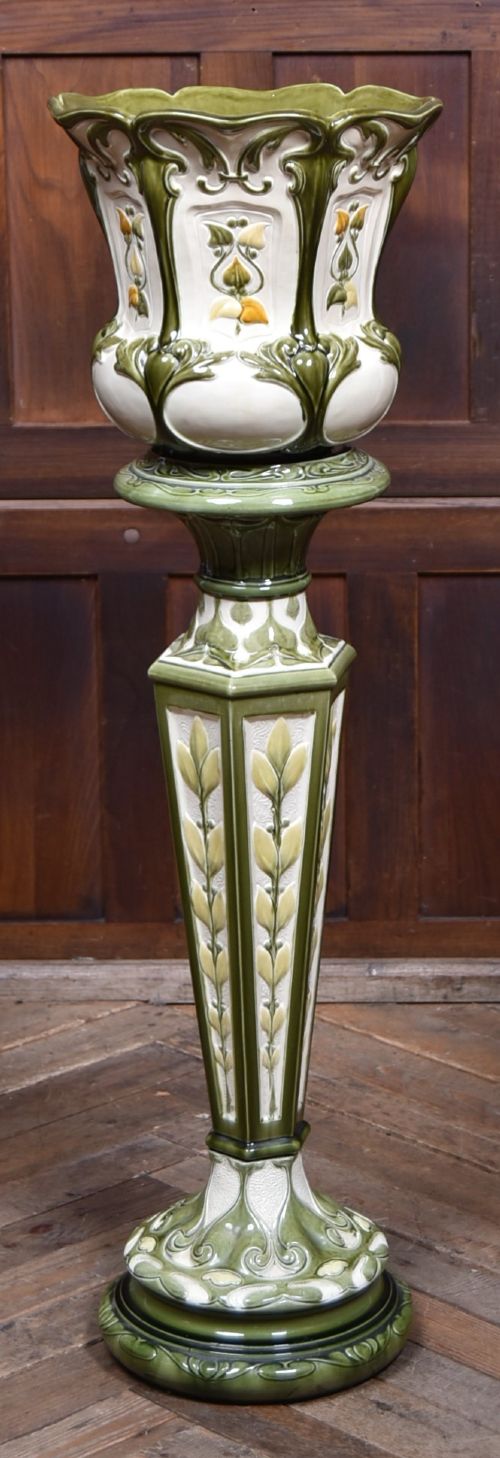 Art Nouveau Majolica Jardinière and Pedestal