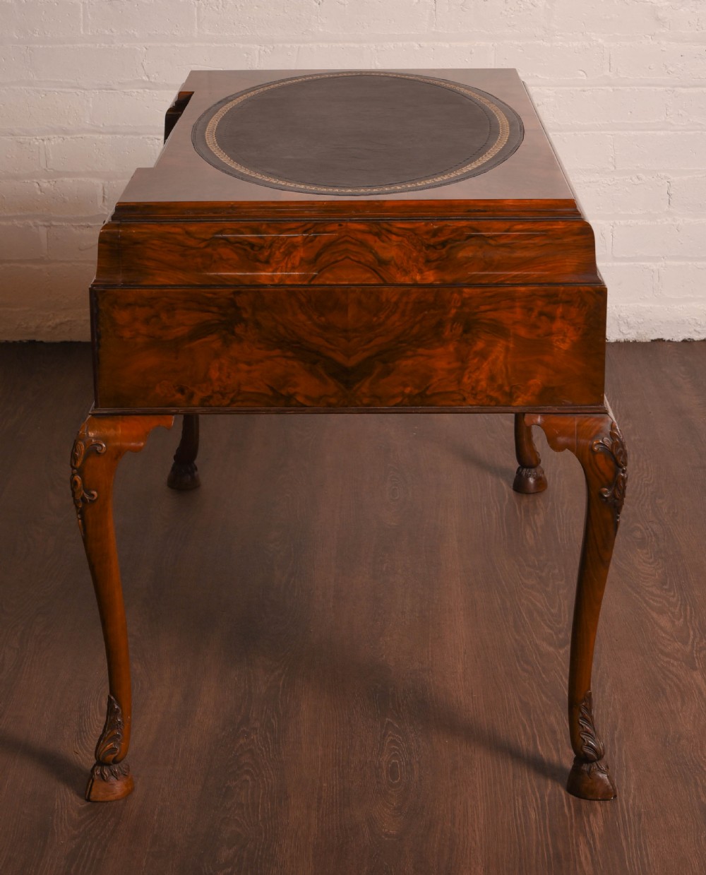 Stunning burr walnut writing desk with hoof feet   View XII