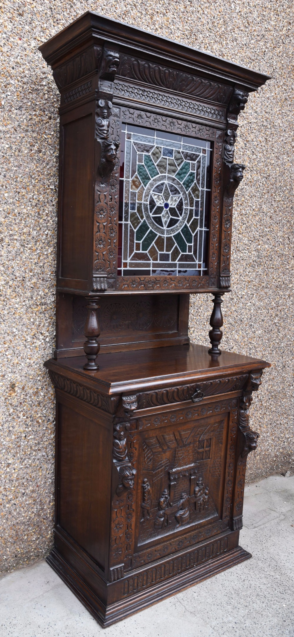 oak carved leaded glass bookcase cabinet