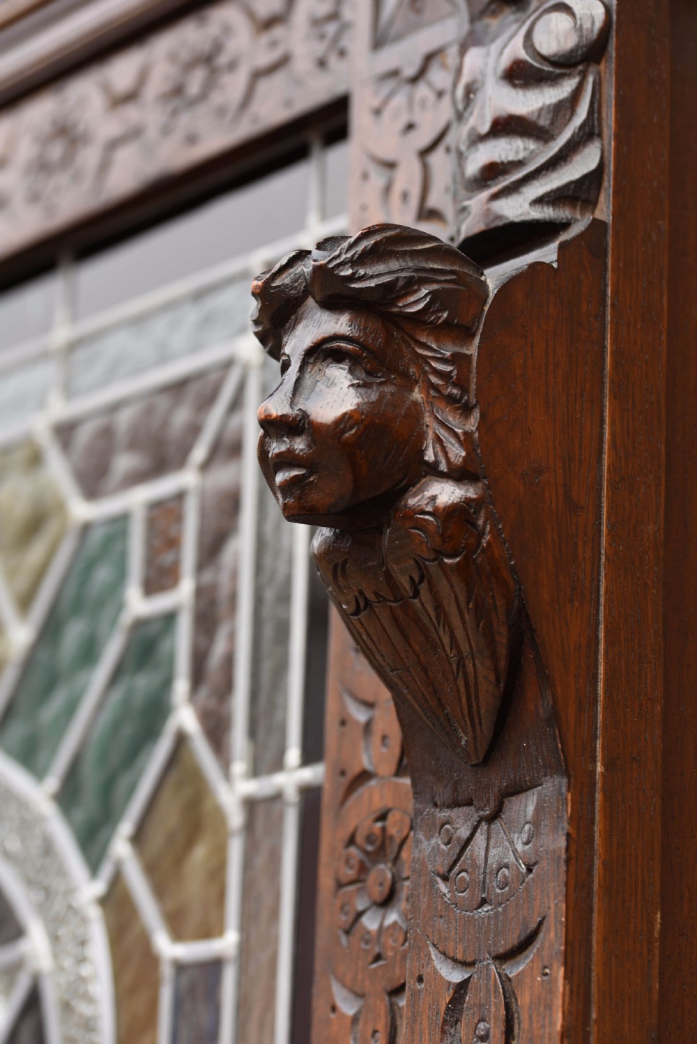 oak carved leaded glass bookcase cabinet View III