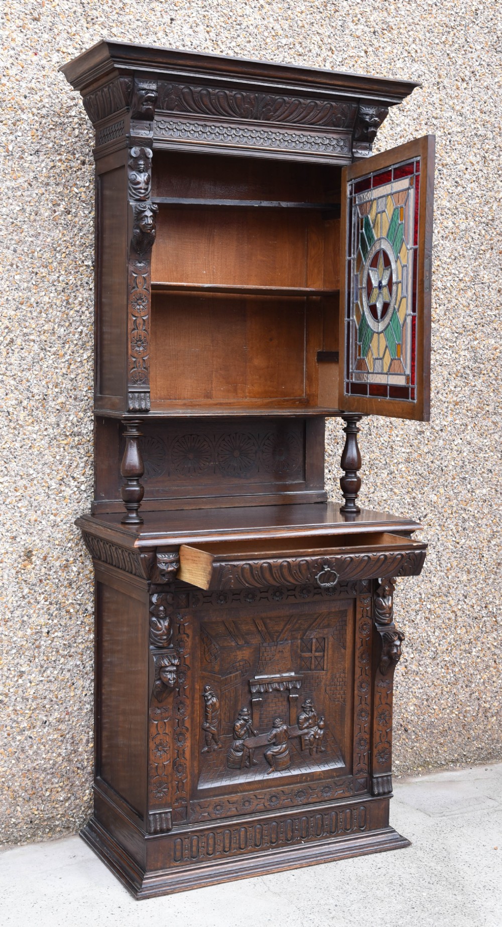 oak carved leaded glass bookcase cabinet View XIII