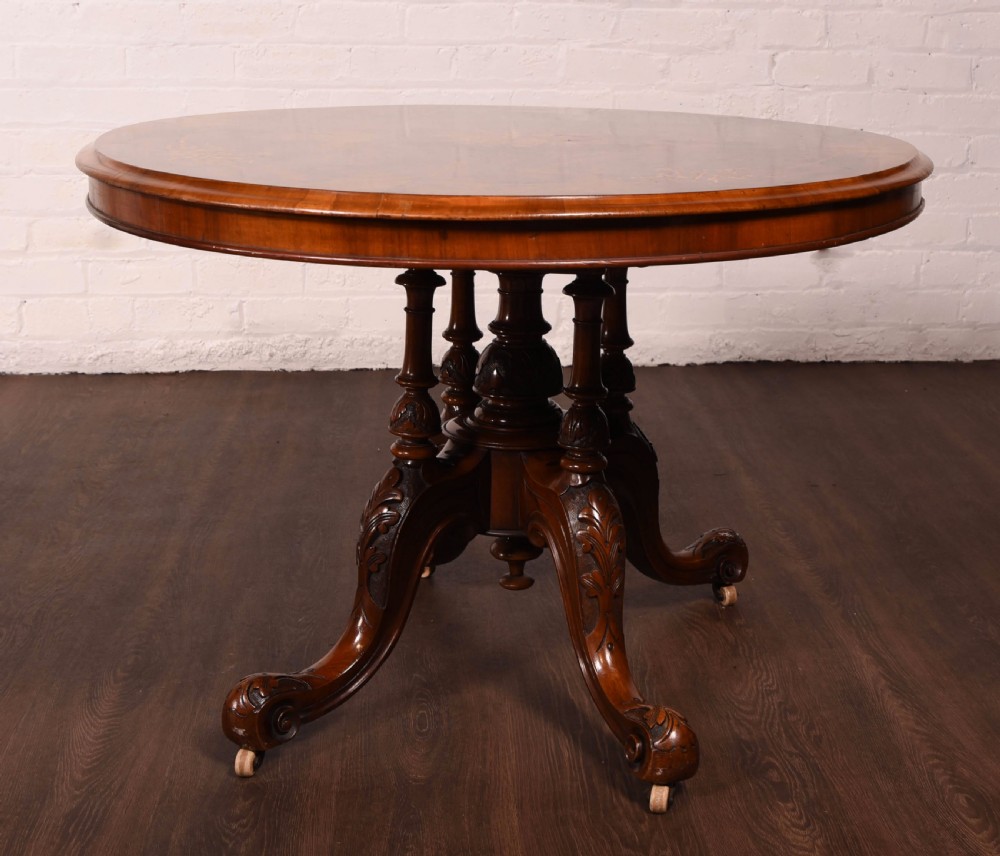 Stunning Figured walnut inlaid oval snap top loo table  View VI