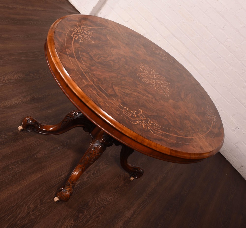 Stunning Figured walnut inlaid oval snap top loo table  View VII