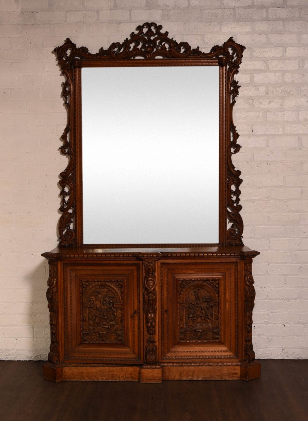 Impressive Carved oak console cabinet with mirror