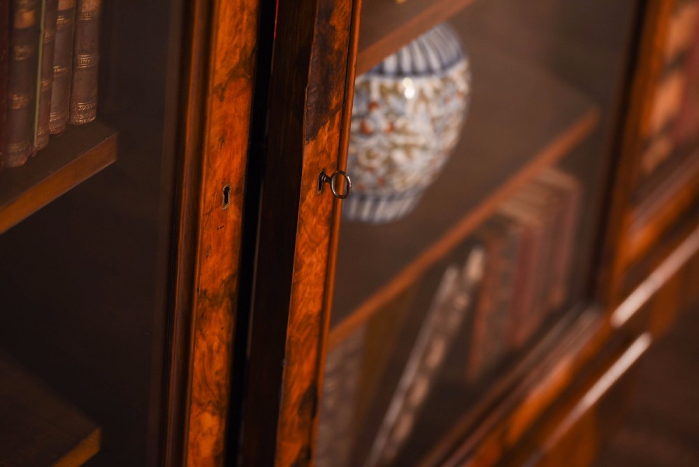 Outstanding Victorian burr walnut break fronted bookcase  View VI