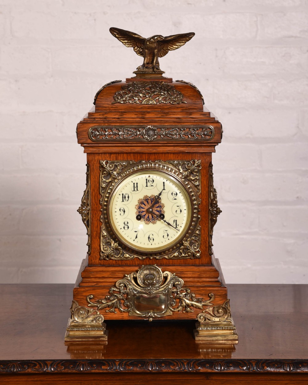 Stunning oak and brass bracket clock by japy freres