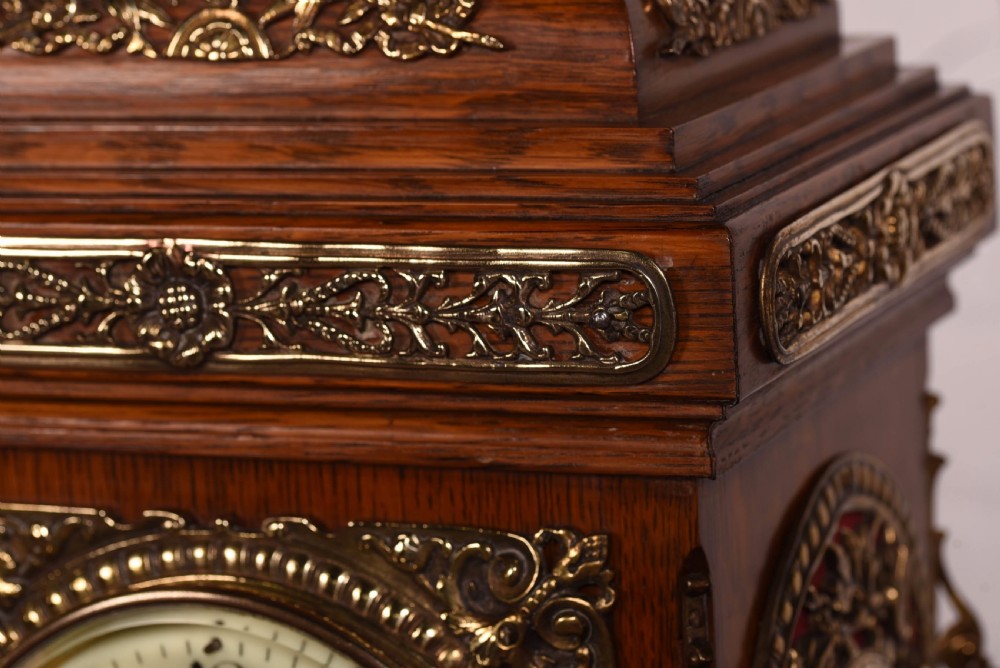 Stunning oak and brass bracket clock by japy freres View III