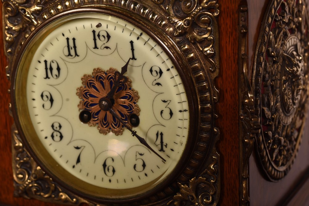 Stunning oak and brass bracket clock by japy freres View IV