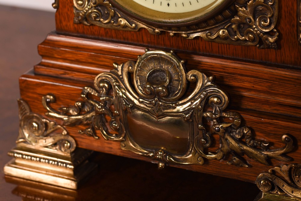 Stunning oak and brass bracket clock by japy freres View VI