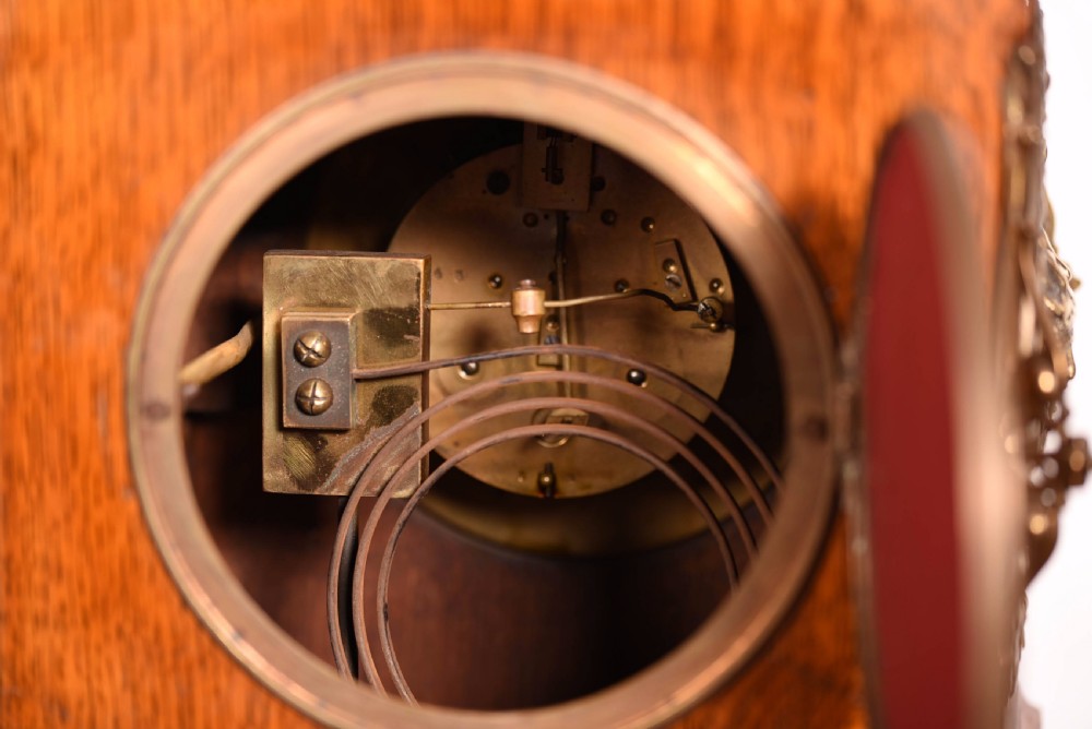 Stunning oak and brass bracket clock by japy freres View XII