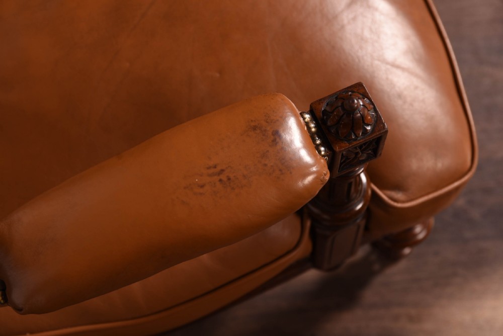 Victorian Solid carved walnut leather button back chair View V