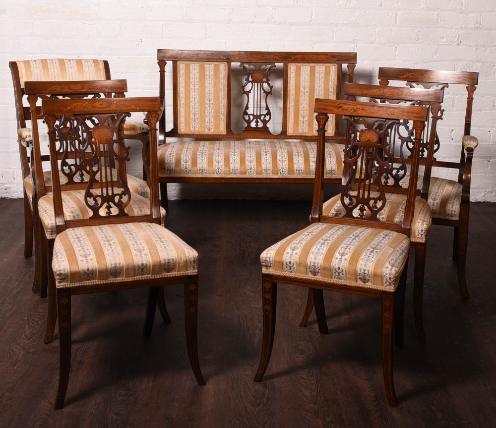 Superb Edwardian marquetry inlaid seven piece parlour suite 