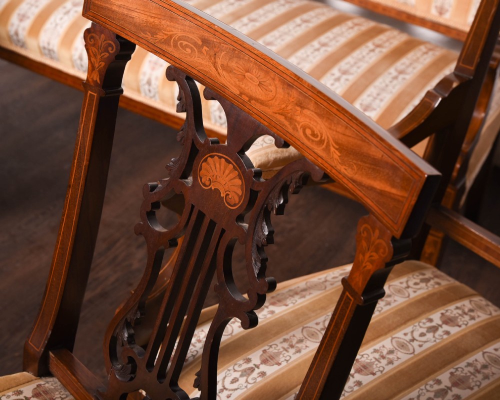 Superb Edwardian marquetry inlaid seven piece parlour suite  View X