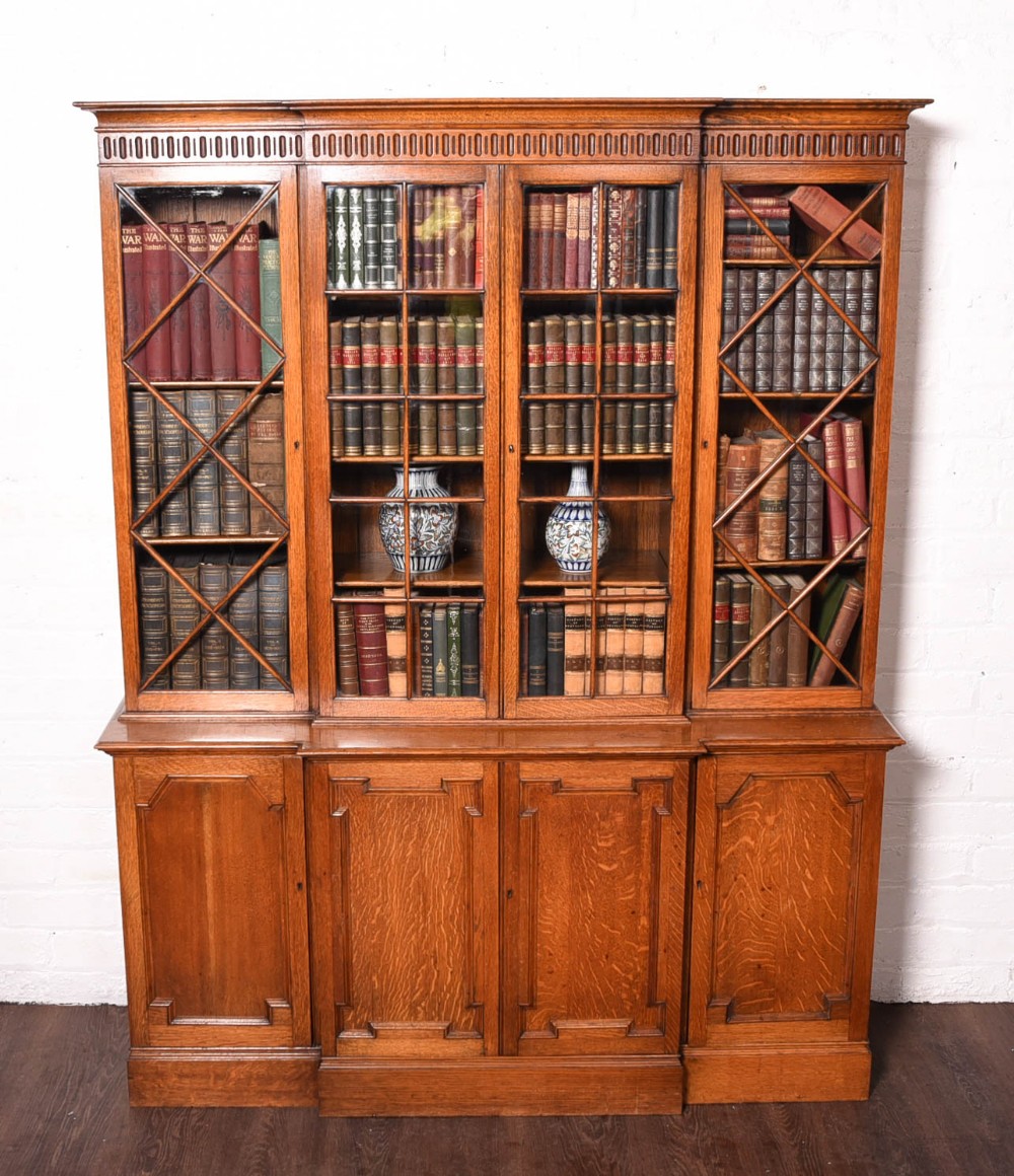 Neat proportion Edwardian 4 door breakfront oak bookcase 