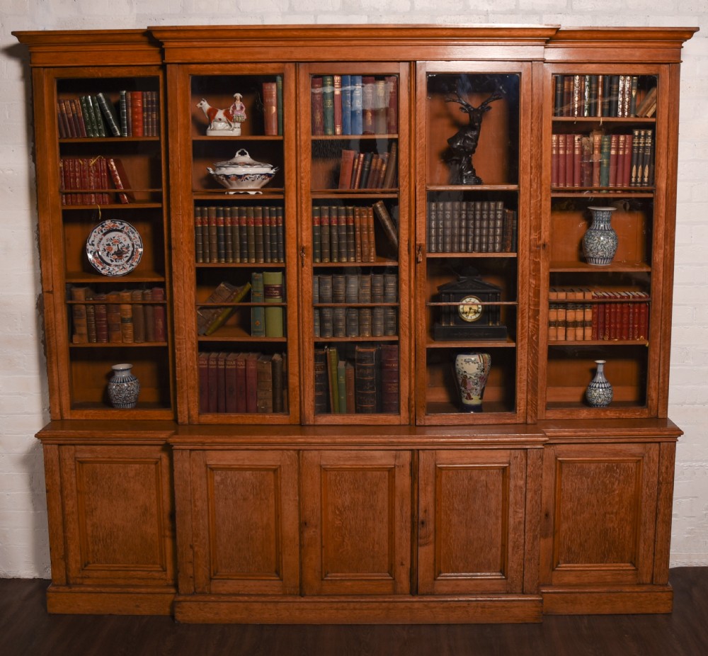 Impressive large Victorian oak five door breakfront library bookcase  View IV