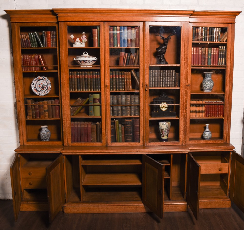 Impressive large Victorian oak five door breakfront library bookcase  View IX