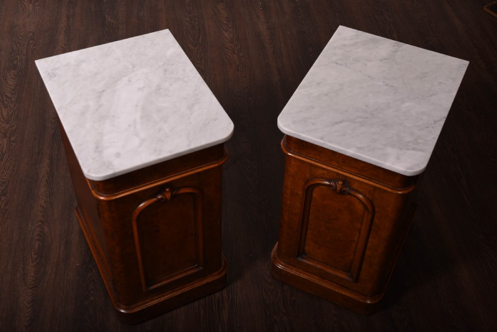 Pair of Victorian Burr Walnut Bedside cabinets with Carrara Marble tops View III