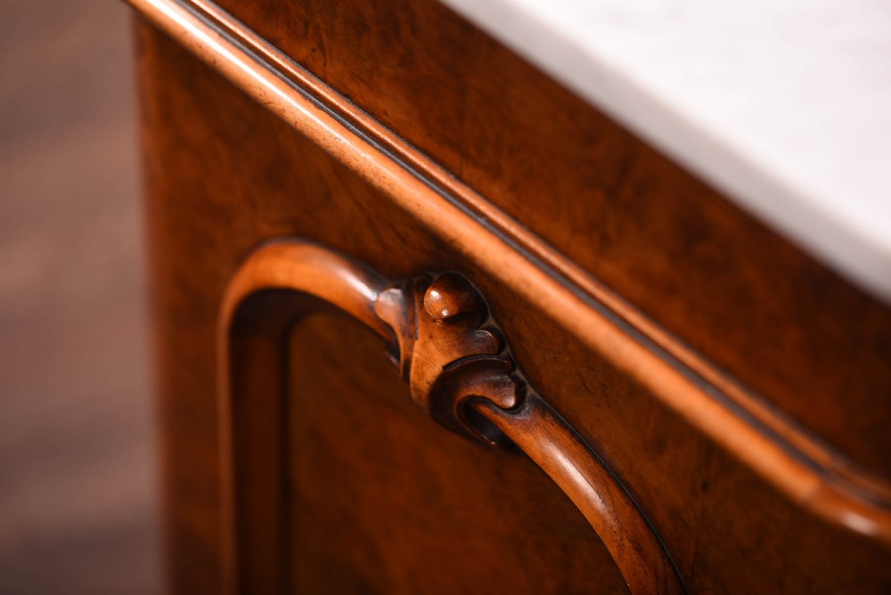 Pair of Victorian Burr Walnut Bedside cabinets with Carrara Marble tops View VI