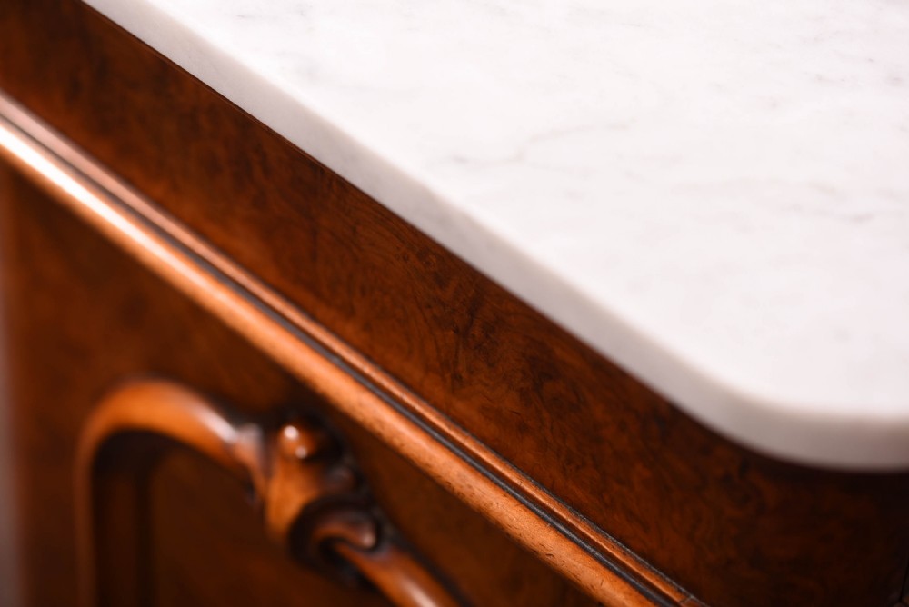 Pair of Victorian Burr Walnut Bedside cabinets with Carrara Marble tops View VII