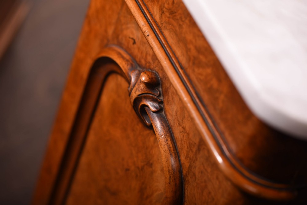 Pair of Victorian Burr Walnut Bedside cabinets with Carrara Marble tops View VIII