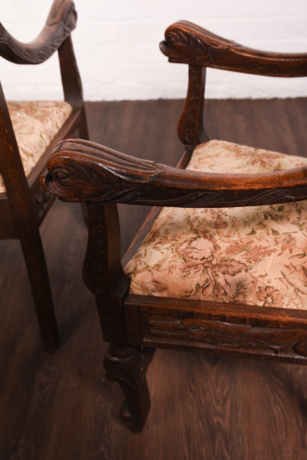 A stunning pair of carved oak arm chairs  View XV