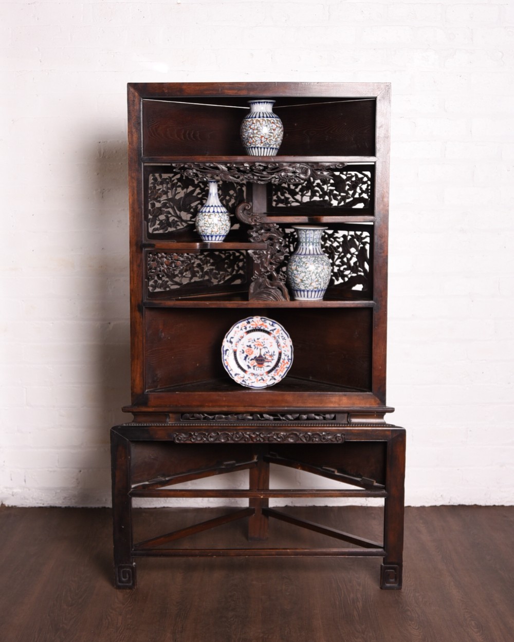 Japanese carved corner display unit