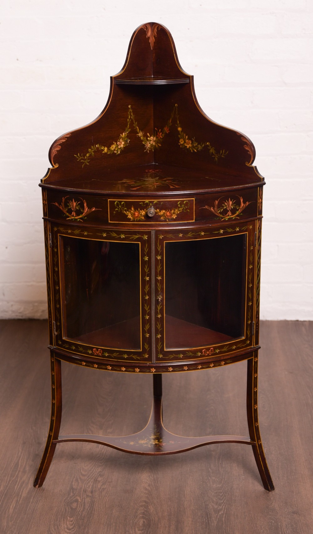 Stunning hand painted bowfronted corner display cabinet