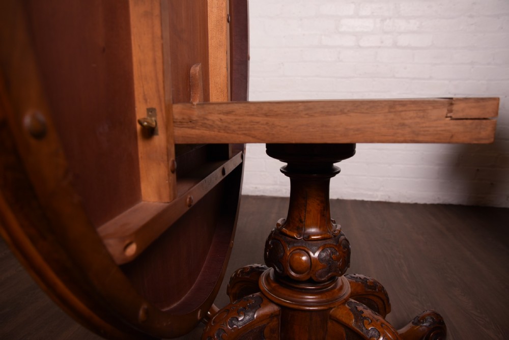 Stunning Victorian Burr Walnut snap top loo table View XIII