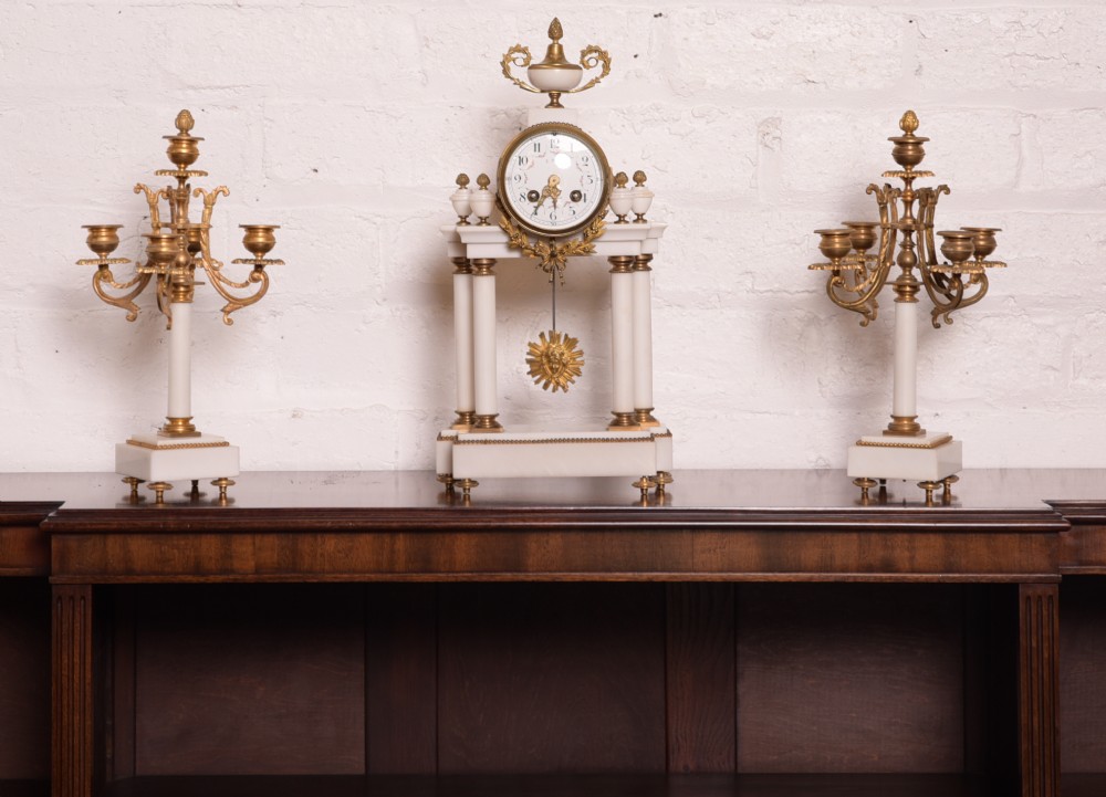 Stunning French White Marble Pillar Clock Set