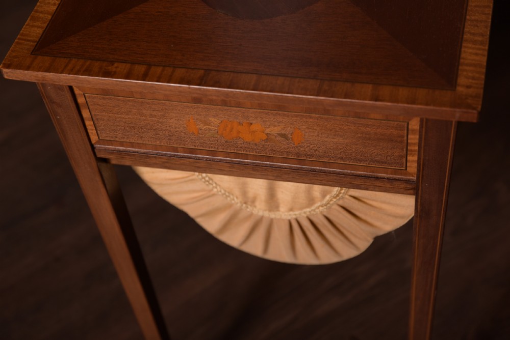 Edwardian inlaid Mahogany sewing work table  View II