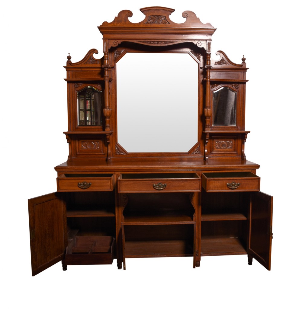 Handsome Edwardian Carved oak mirror back sideboard  View XI