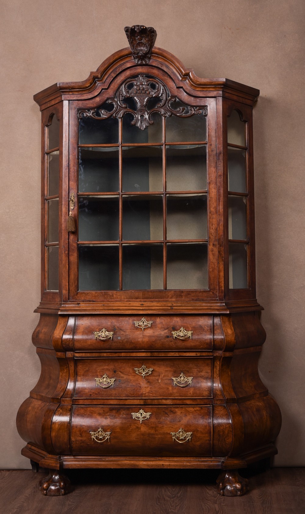 Stunning Walnut Dutch Bombe 2 part Display cabinet 