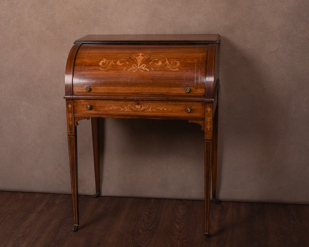 Quality Edwardian Rosewood marquetry cylinder writing desk