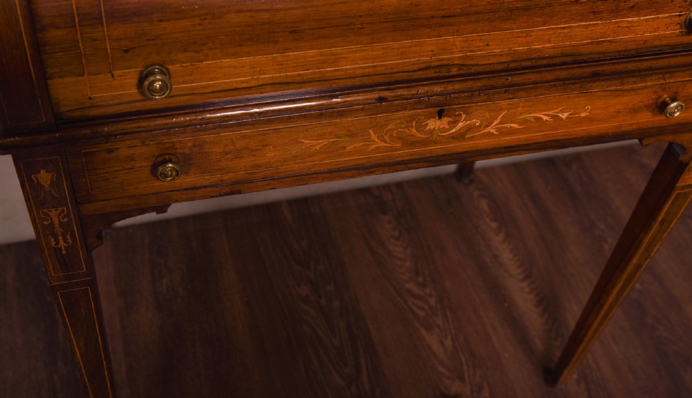 Quality Edwardian Rosewood marquetry cylinder writing desk View V