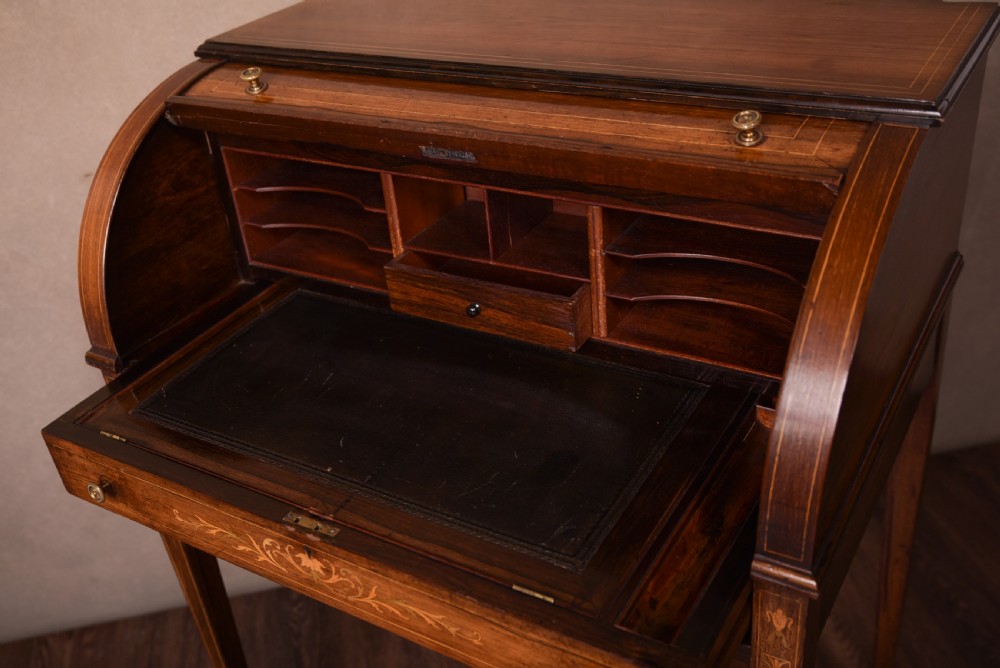 Quality Edwardian Rosewood marquetry cylinder writing desk View XVII