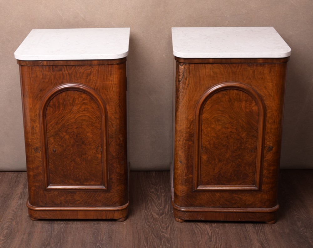 Pair of Victorian Marble top walnut bedside cabinets