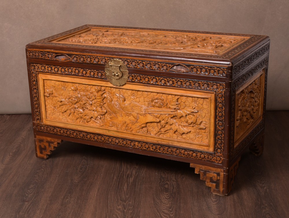 Chinese carved camphor wood storage chest 