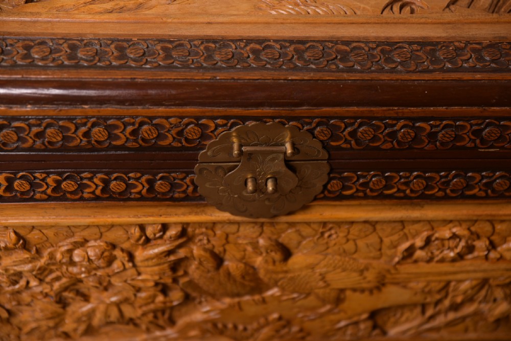 Chinese carved camphor wood storage chest  View X