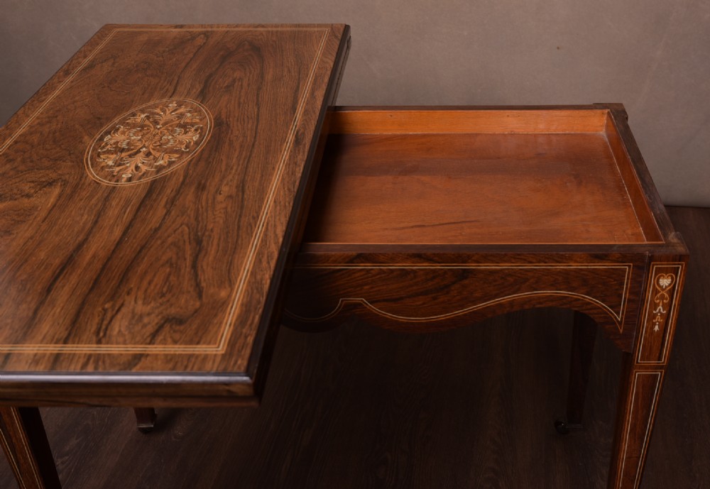 Edwardian Marquetry Inlaid Rosewood fold over Card Table  View XIII