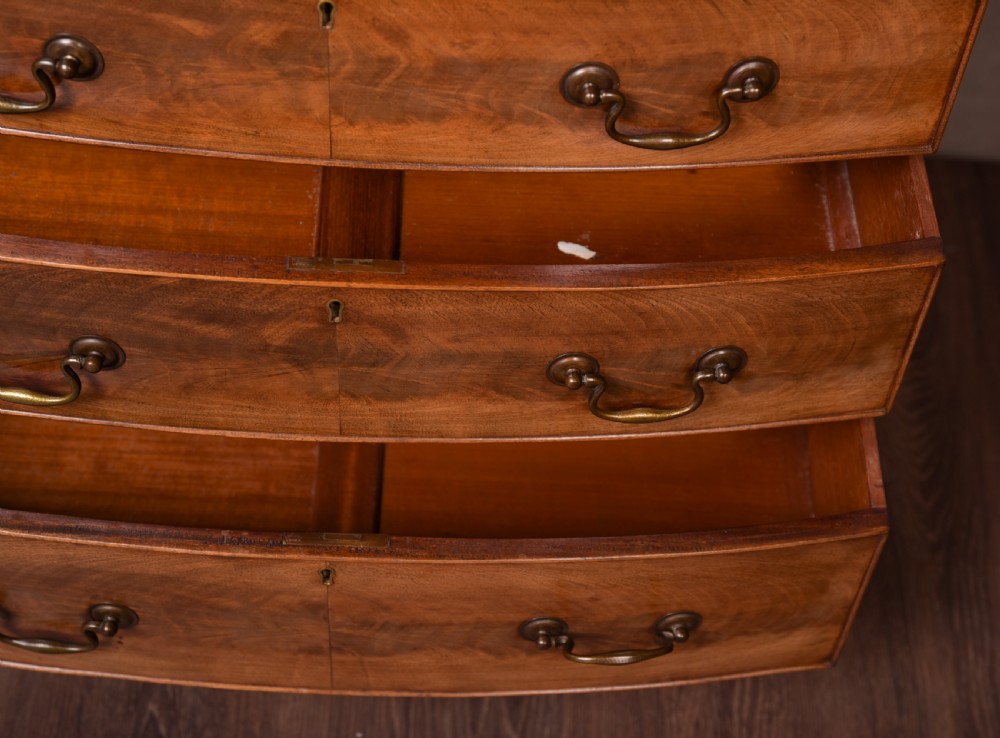 Neat Edwardian flame mahogany bow front 2 over 3 chest of drawers  View V