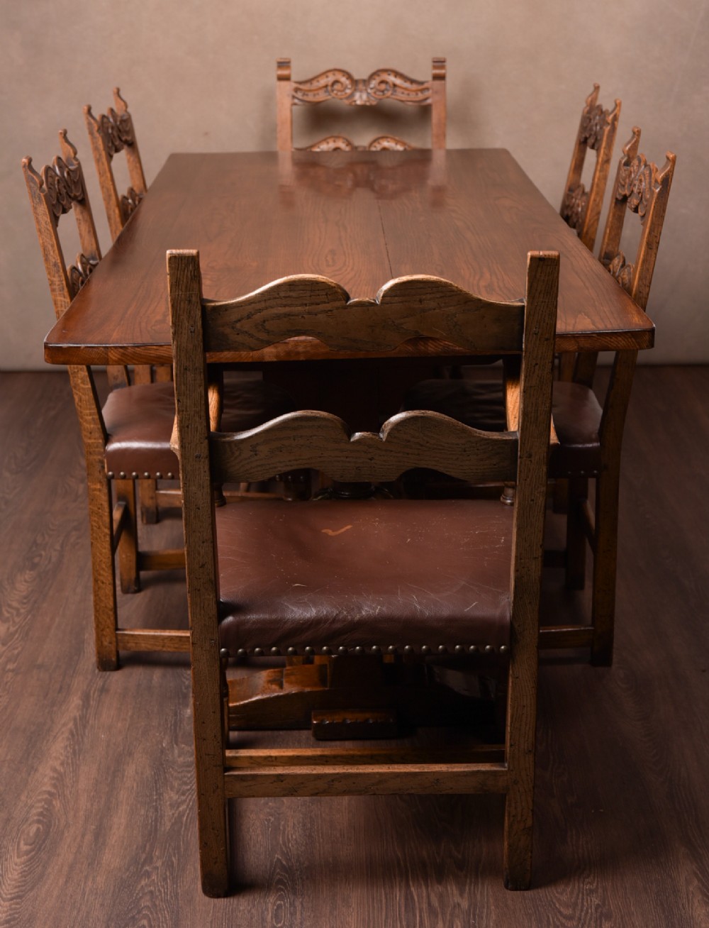 Edwardian carved oak refectory table and 6 chairs 