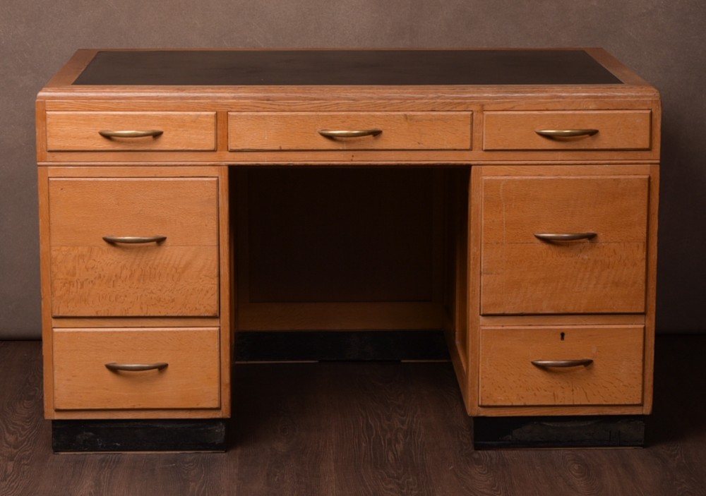 Art Deco bleached oak pedestal writing desk