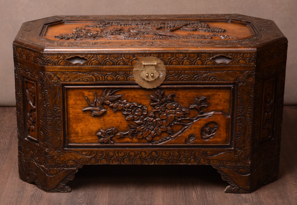 Unusual Shaped Chinese Carved Camphor wood chest 