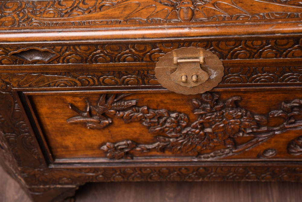Unusual Shaped Chinese Carved Camphor wood chest  View II